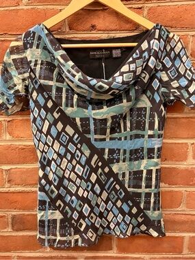 Y2K Dana Buchman Petite Blue & Green 100% Silk Patterned Cowl Neck Top